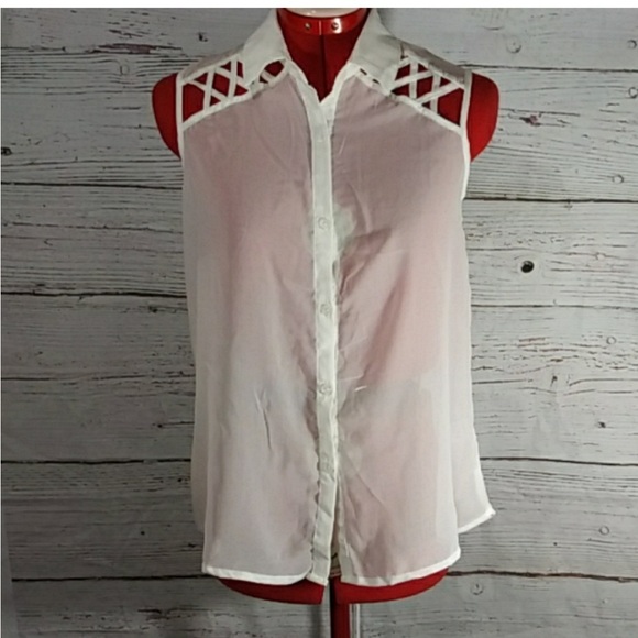 tobi white sheer tank lace up Back Top M Blouse Collar Shirt Button RARE S Spine - Picture 4 of 6